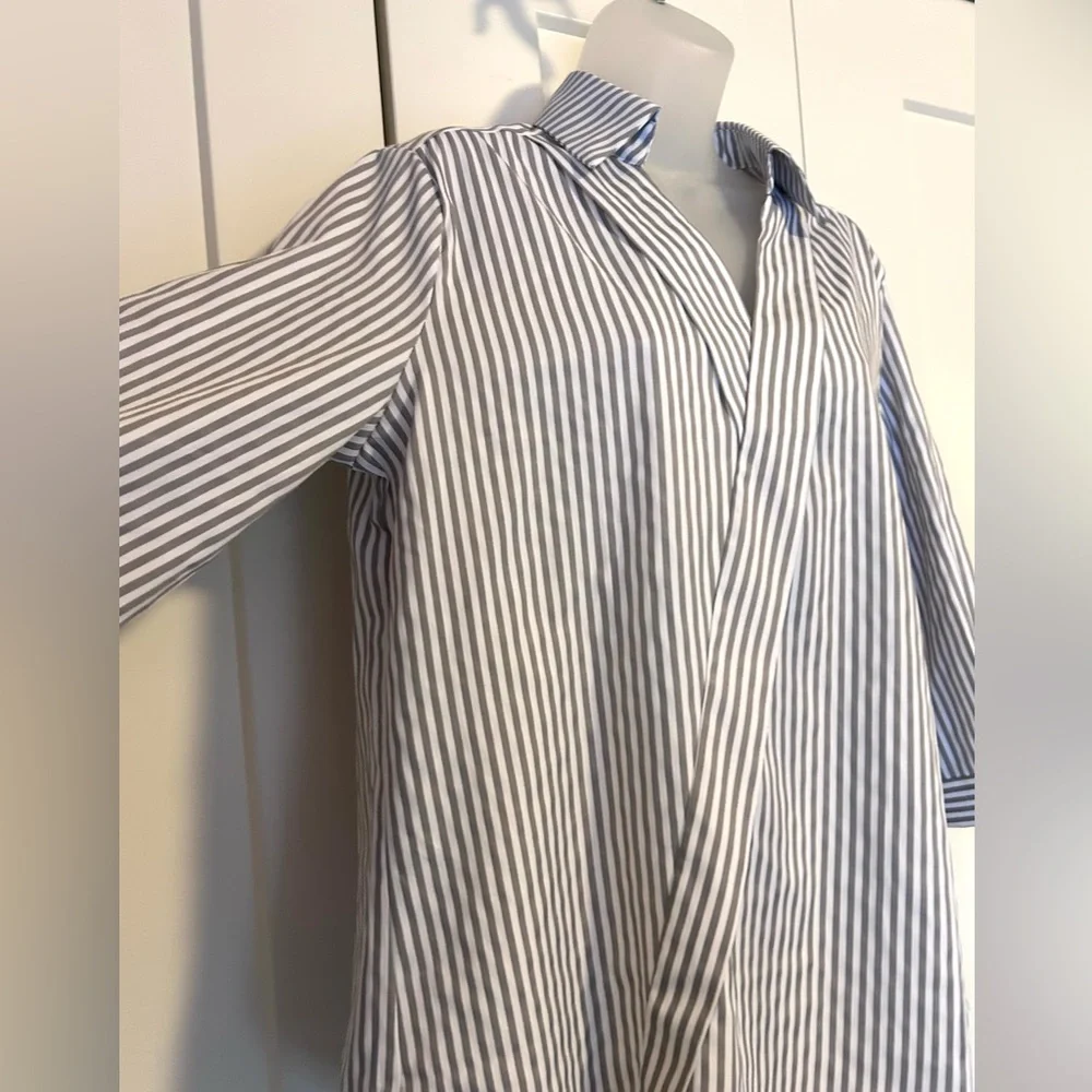 New Lomon collared blouse 3/4 sleeve grey white stripe M - Picture 3 of 8